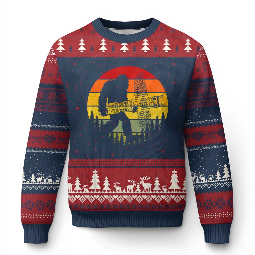 Vintage Pacific Northwest Bigfoot With Totem Pole Ugly Christmas Sweater