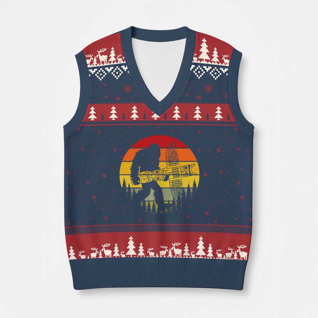 Vintage Pacific Northwest Bigfoot With Totem Pole V-Neck Knit Sweater Vest