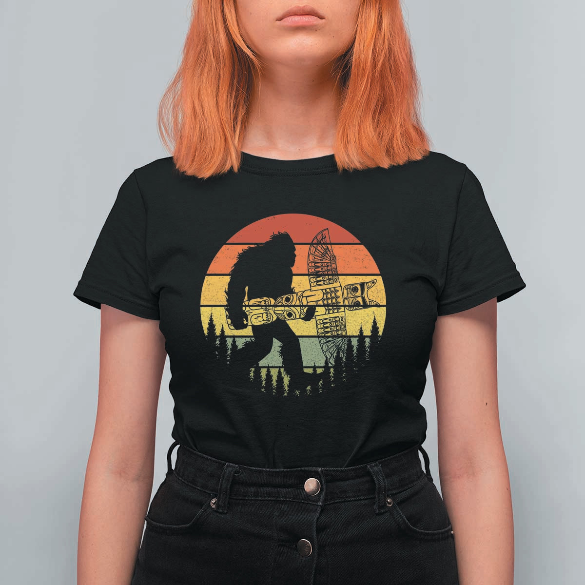 Vintage Pacific Northwest Bigfoot With Totem Pole T Shirt For Women