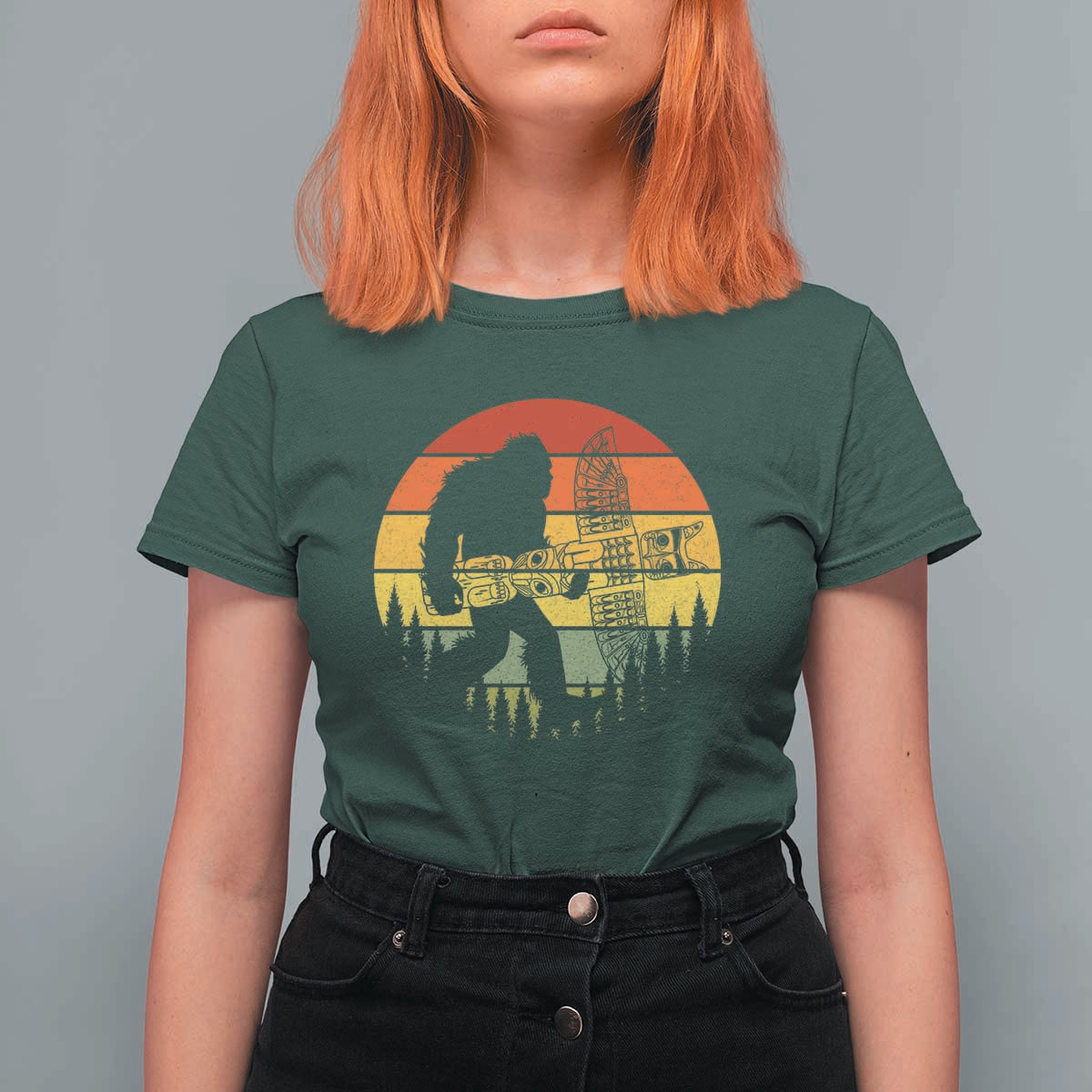 Vintage Pacific Northwest Bigfoot With Totem Pole T Shirt For Women