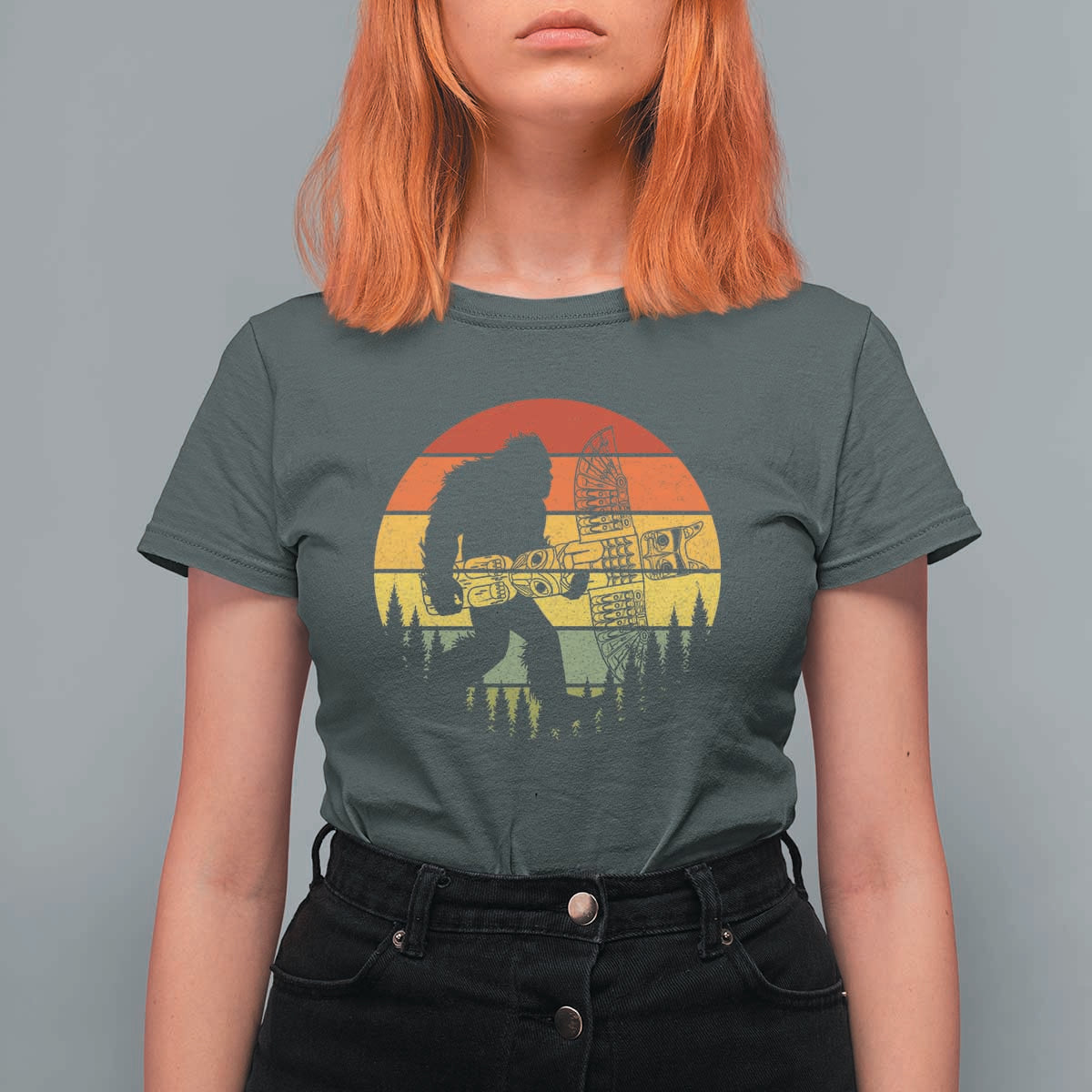 Vintage Pacific Northwest Bigfoot With Totem Pole T Shirt For Women