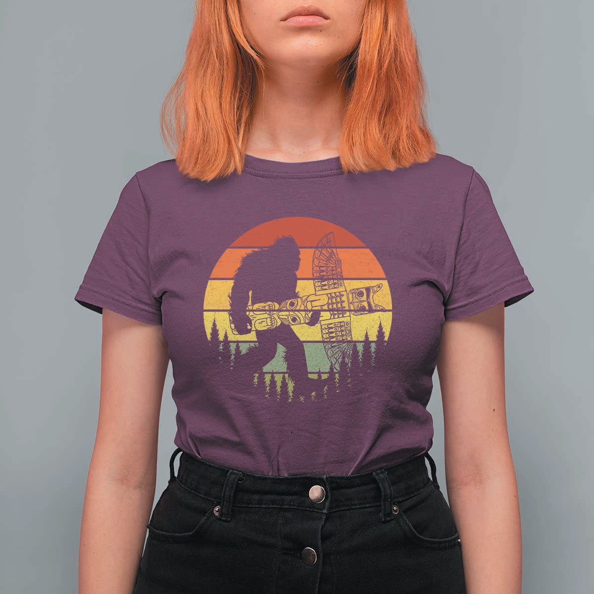 Vintage Pacific Northwest Bigfoot With Totem Pole T Shirt For Women
