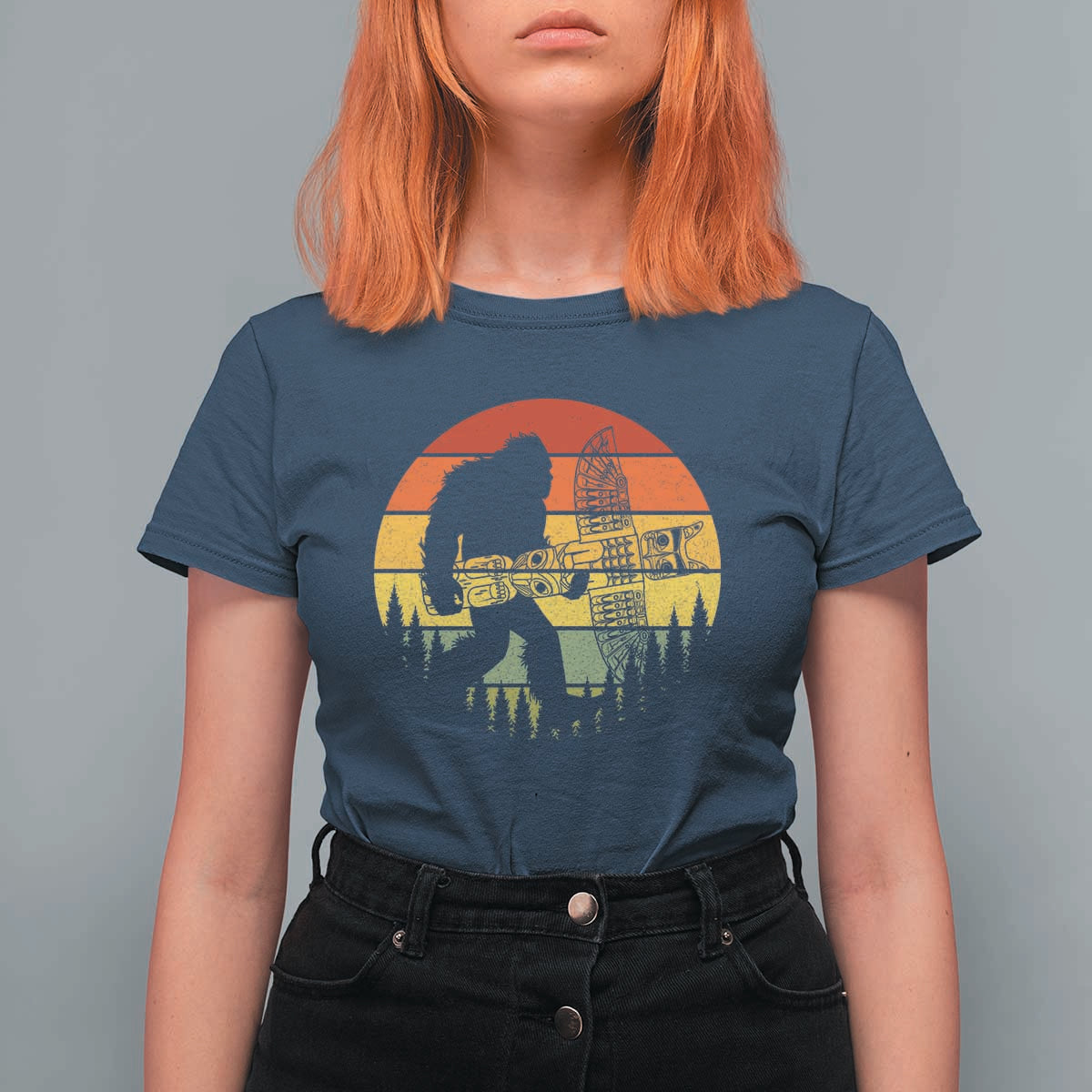 Vintage Pacific Northwest Bigfoot With Totem Pole T Shirt For Women