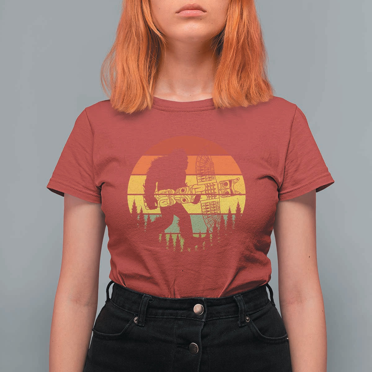 Vintage Pacific Northwest Bigfoot With Totem Pole T Shirt For Women