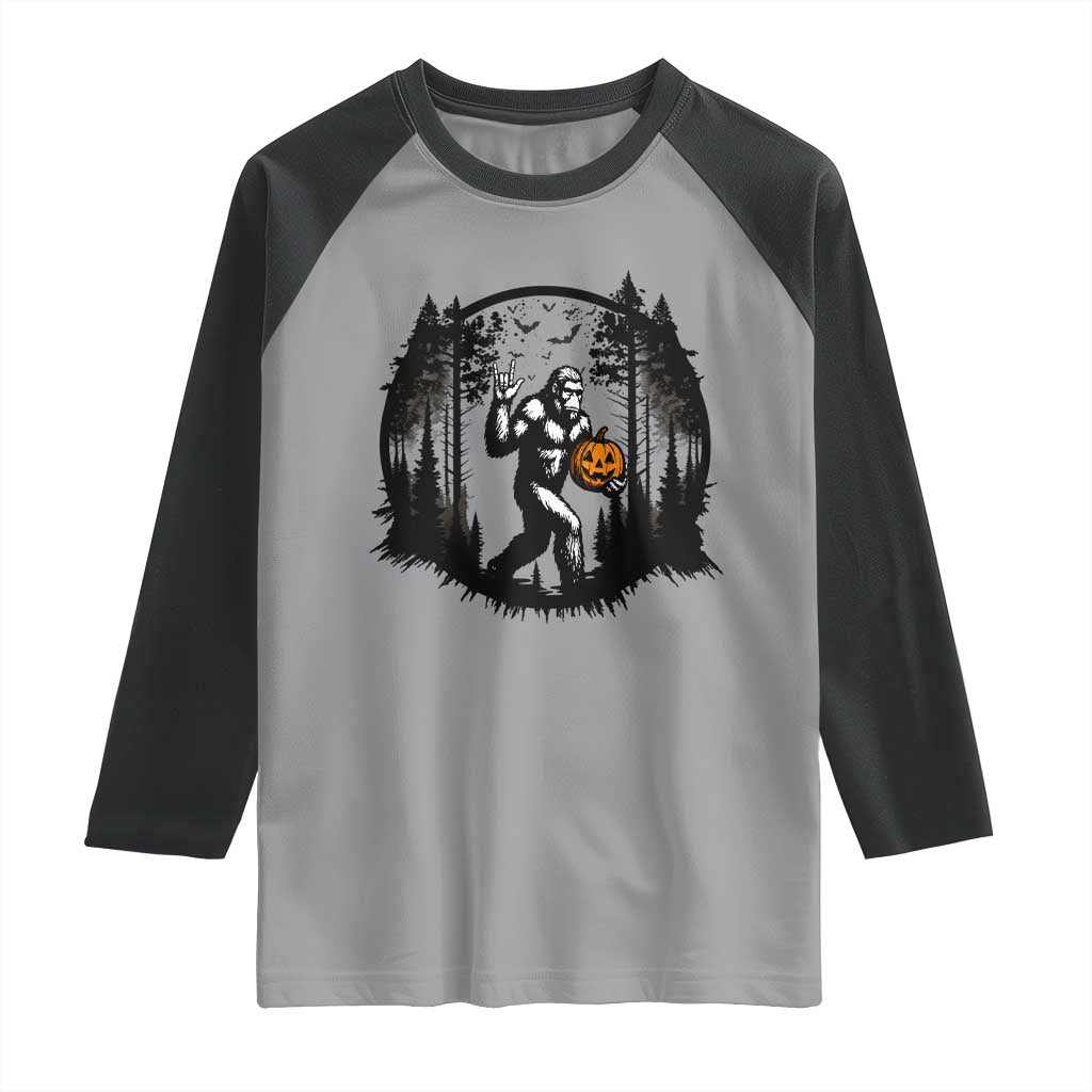 Funny Halloween Bigfoot With Jack O Lantern Raglan Shirt - Wonder Print Shop