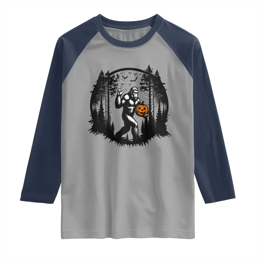 Funny Halloween Bigfoot With Jack O Lantern Raglan Shirt - Wonder Print Shop