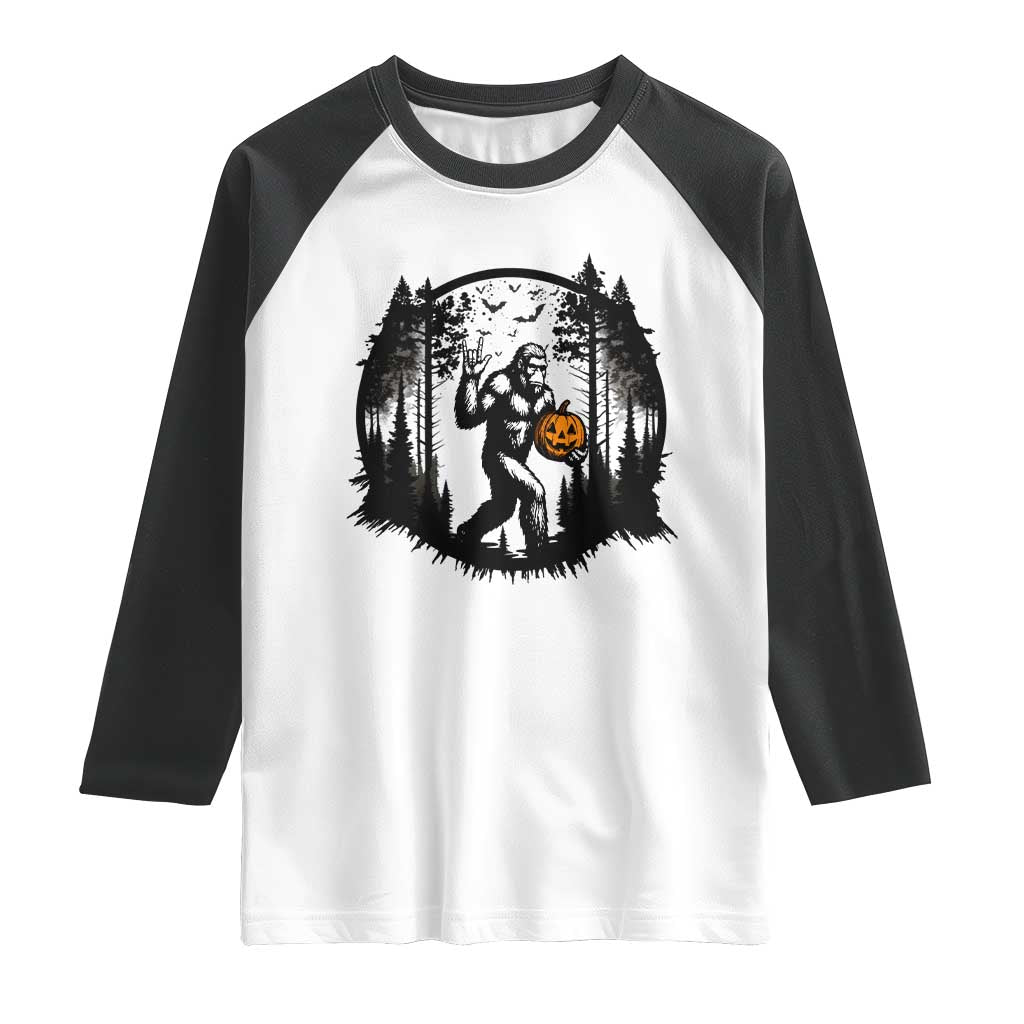 Funny Halloween Bigfoot With Jack O Lantern Raglan Shirt - Wonder Print Shop