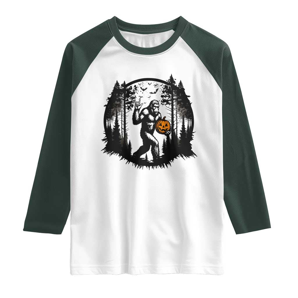 Funny Halloween Bigfoot With Jack O Lantern Raglan Shirt - Wonder Print Shop