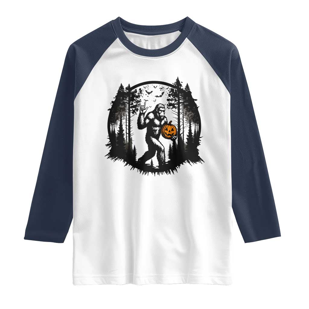 Funny Halloween Bigfoot With Jack O Lantern Raglan Shirt - Wonder Print Shop