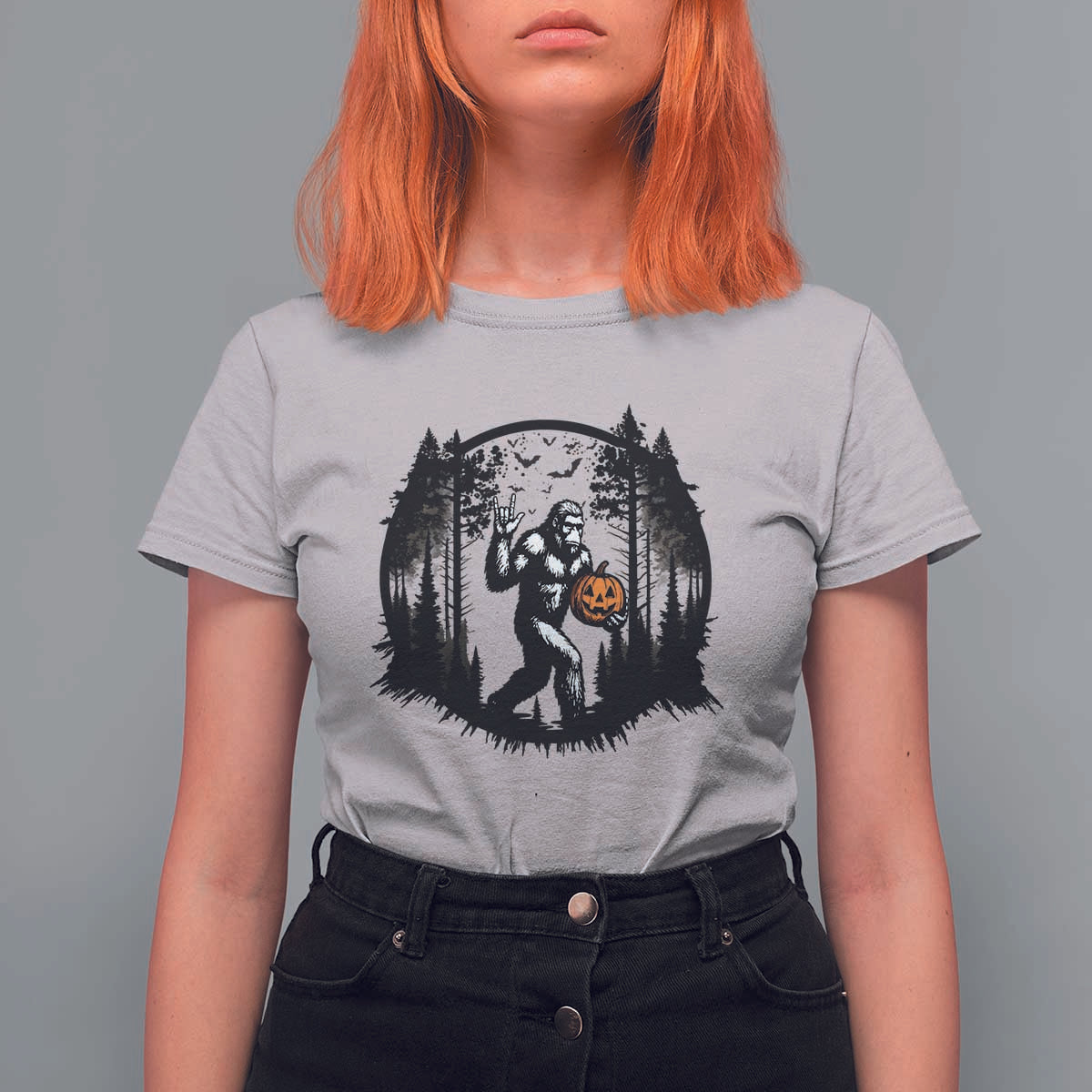 Funny Halloween Bigfoot With Jack O Lantern T Shirt For Women - Wonder Print Shop