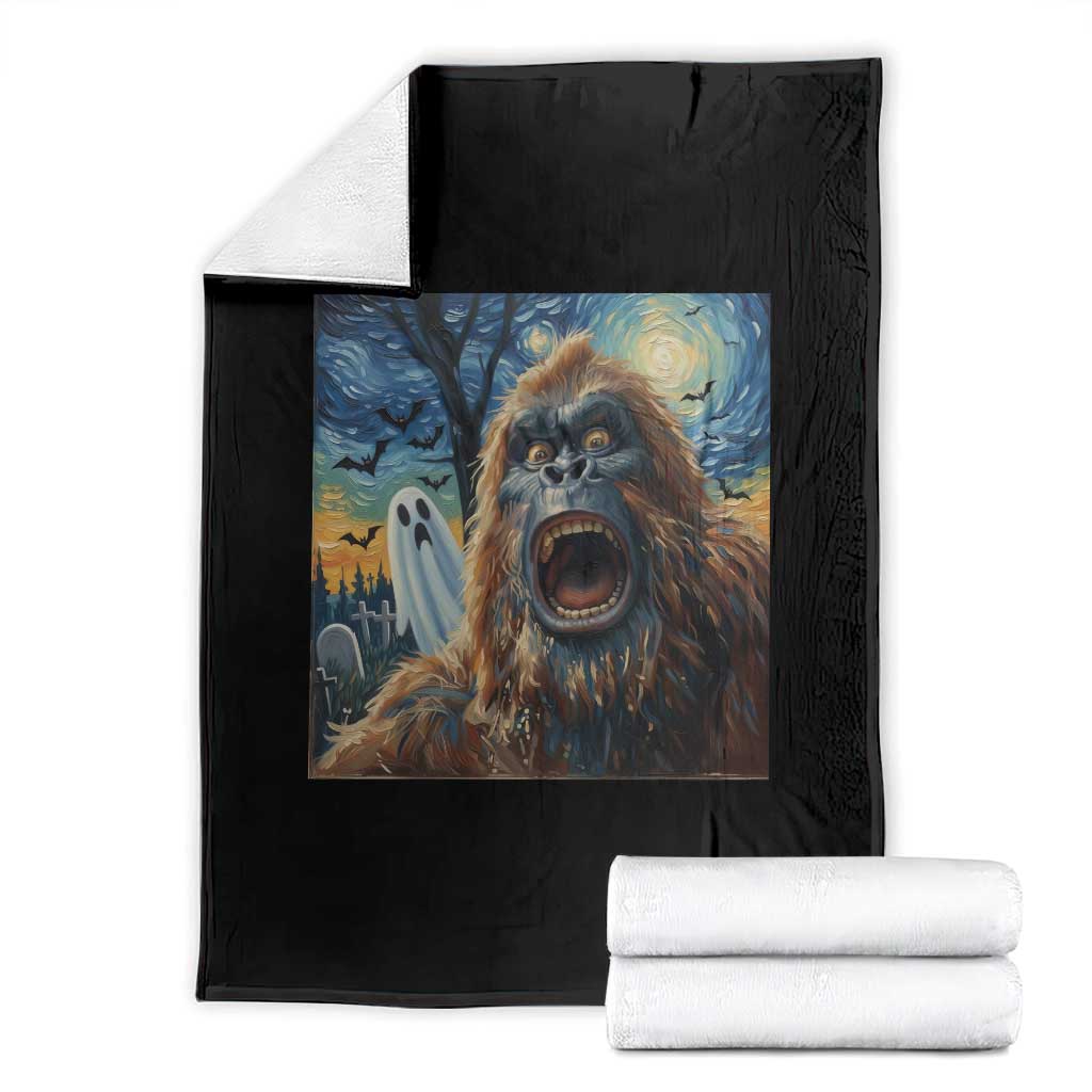 Funny Halloween Throw Blanket Bigfoot Selfie With Ghost Starry Night Art - Wonder Print Shop