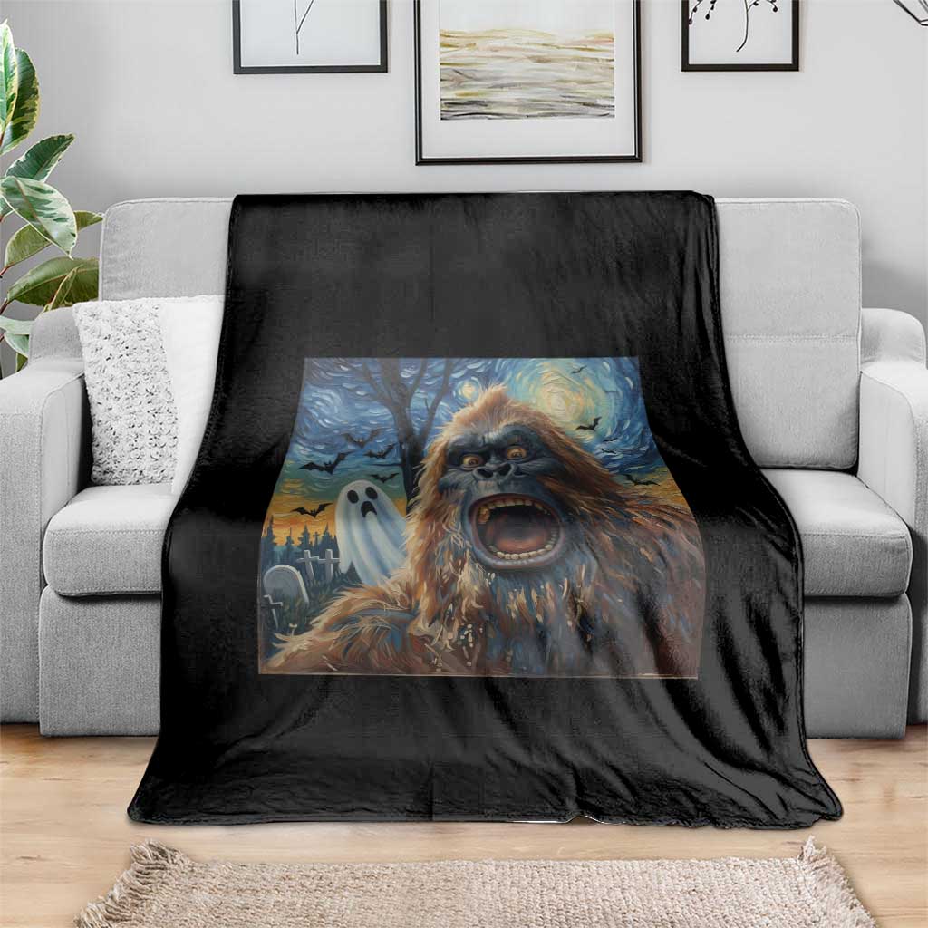 Funny Halloween Throw Blanket Bigfoot Selfie With Ghost Starry Night Art - Wonder Print Shop