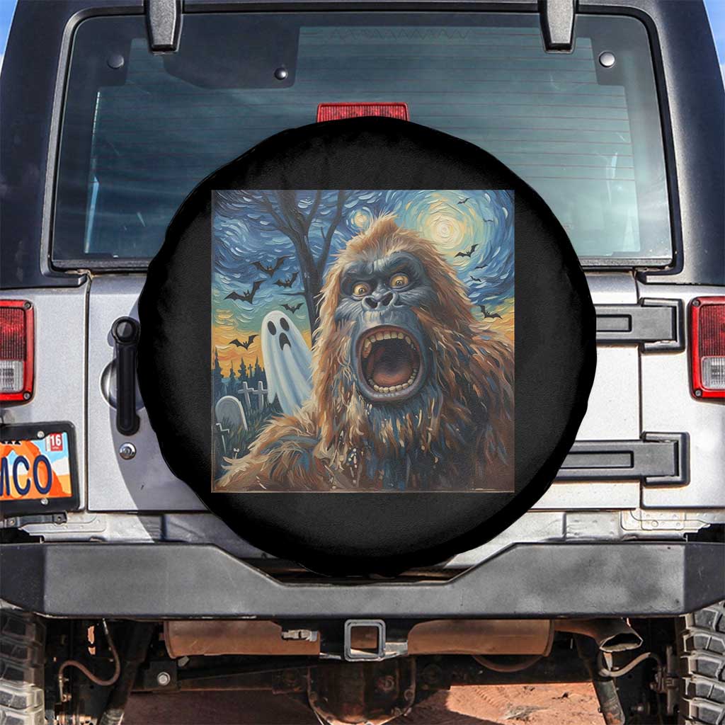 Funny Halloween Spare Tire Cover Bigfoot Selfie With Ghost Starry Night Art - Wonder Print Shop