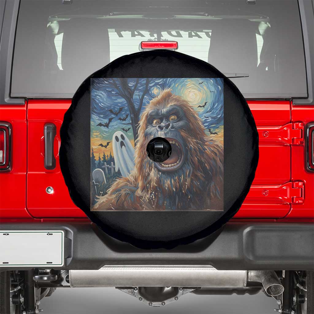 Funny Halloween Spare Tire Cover Bigfoot Selfie With Ghost Starry Night Art - Wonder Print Shop