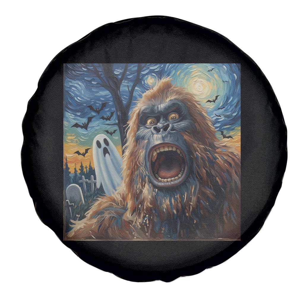 Funny Halloween Spare Tire Cover Bigfoot Selfie With Ghost Starry Night Art - Wonder Print Shop