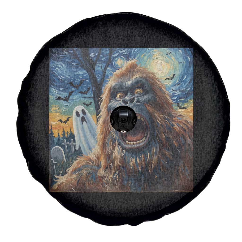 Funny Halloween Spare Tire Cover Bigfoot Selfie With Ghost Starry Night Art - Wonder Print Shop