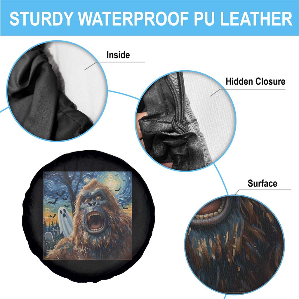 Funny Halloween Spare Tire Cover Bigfoot Selfie With Ghost Starry Night Art - Wonder Print Shop