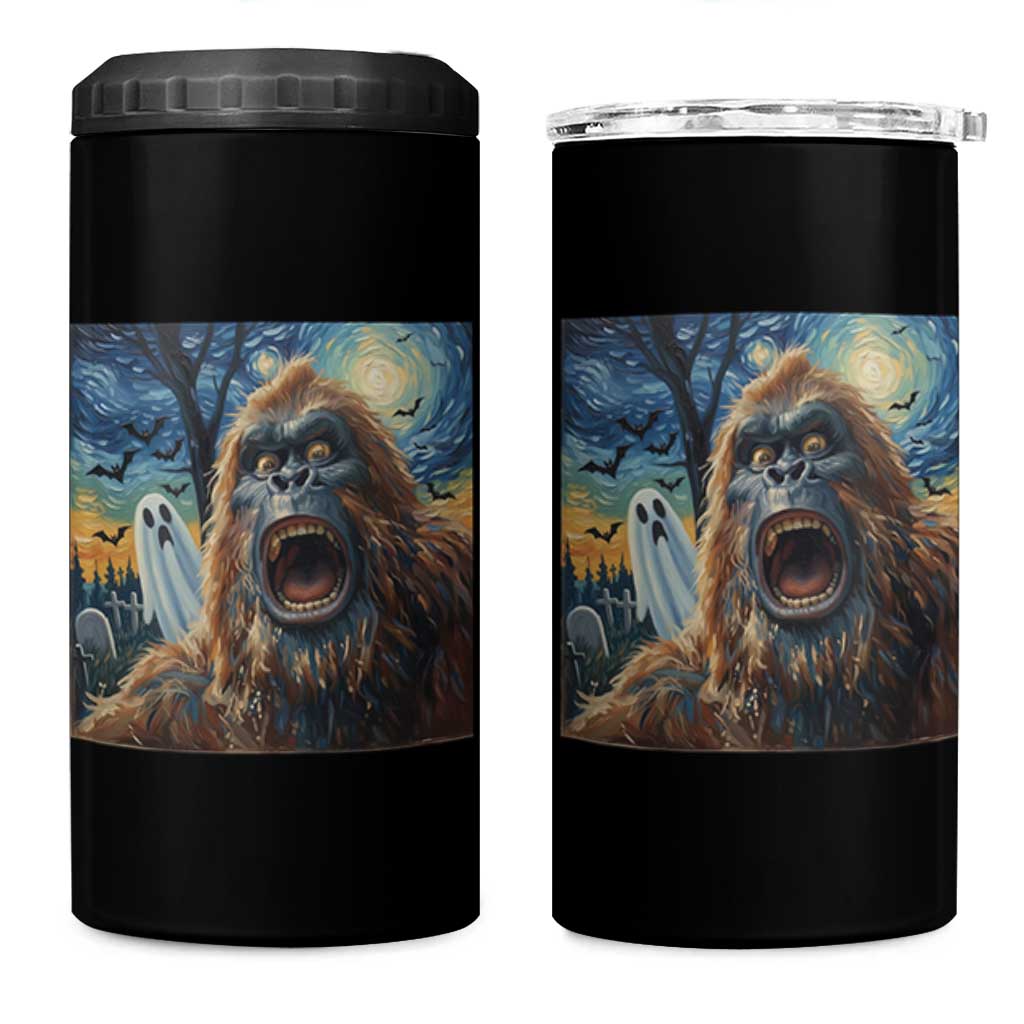 Funny Halloween 4 in 1 Can Cooler Tumbler Bigfoot Selfie With Ghost Starry Night Art
