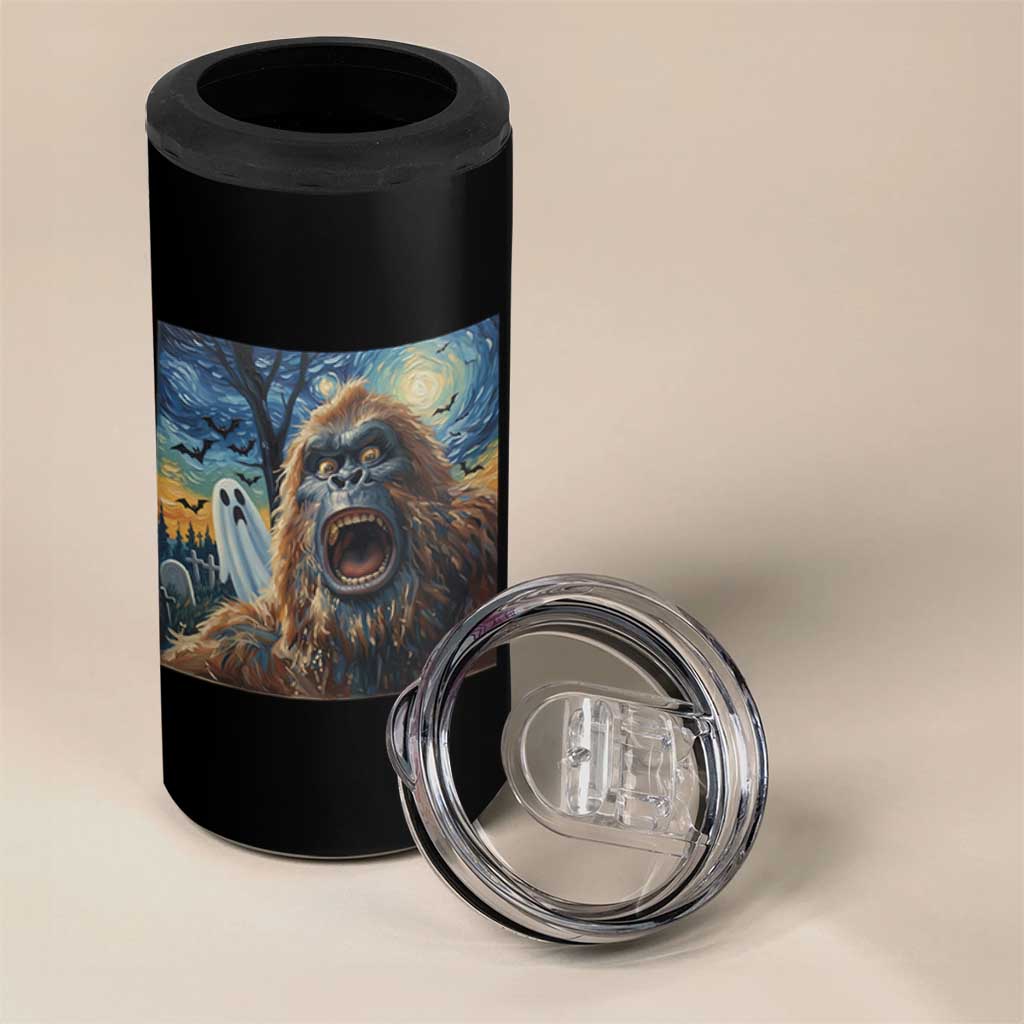 Funny Halloween 4 in 1 Can Cooler Tumbler Bigfoot Selfie With Ghost Starry Night Art