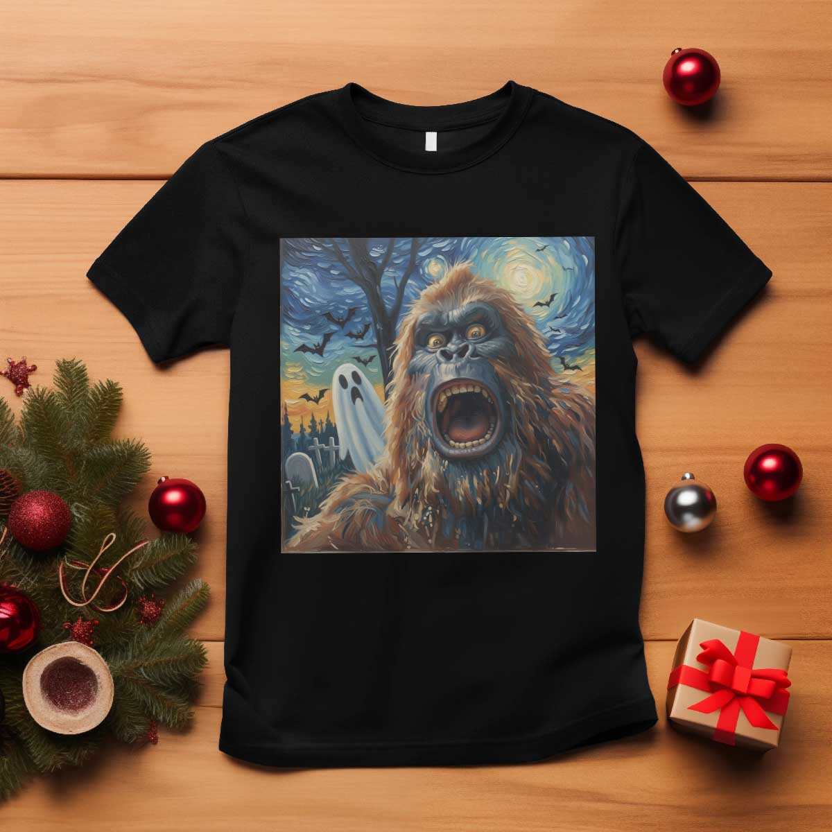 Funny Halloween T Shirt Bigfoot Selfie With Ghost Starry Night Art - Wonder Print Shop