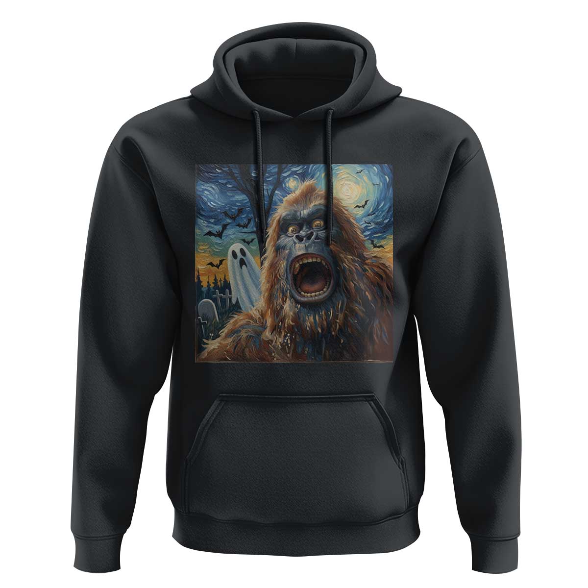 Funny Halloween Hoodie Bigfoot Selfie With Ghost Starry Night Art - Wonder Print Shop