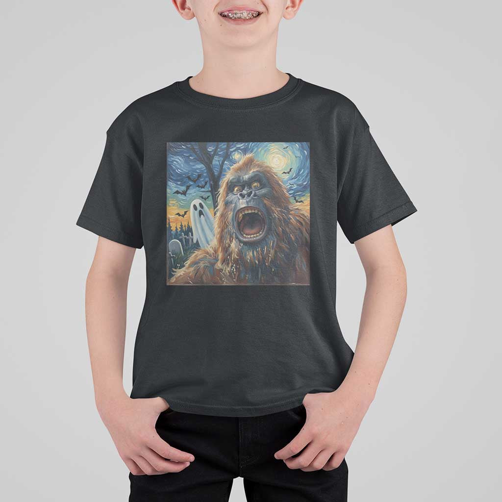 Funny Halloween T Shirt For Kid Bigfoot Selfie With Ghost Starry Night Art - Wonder Print Shop