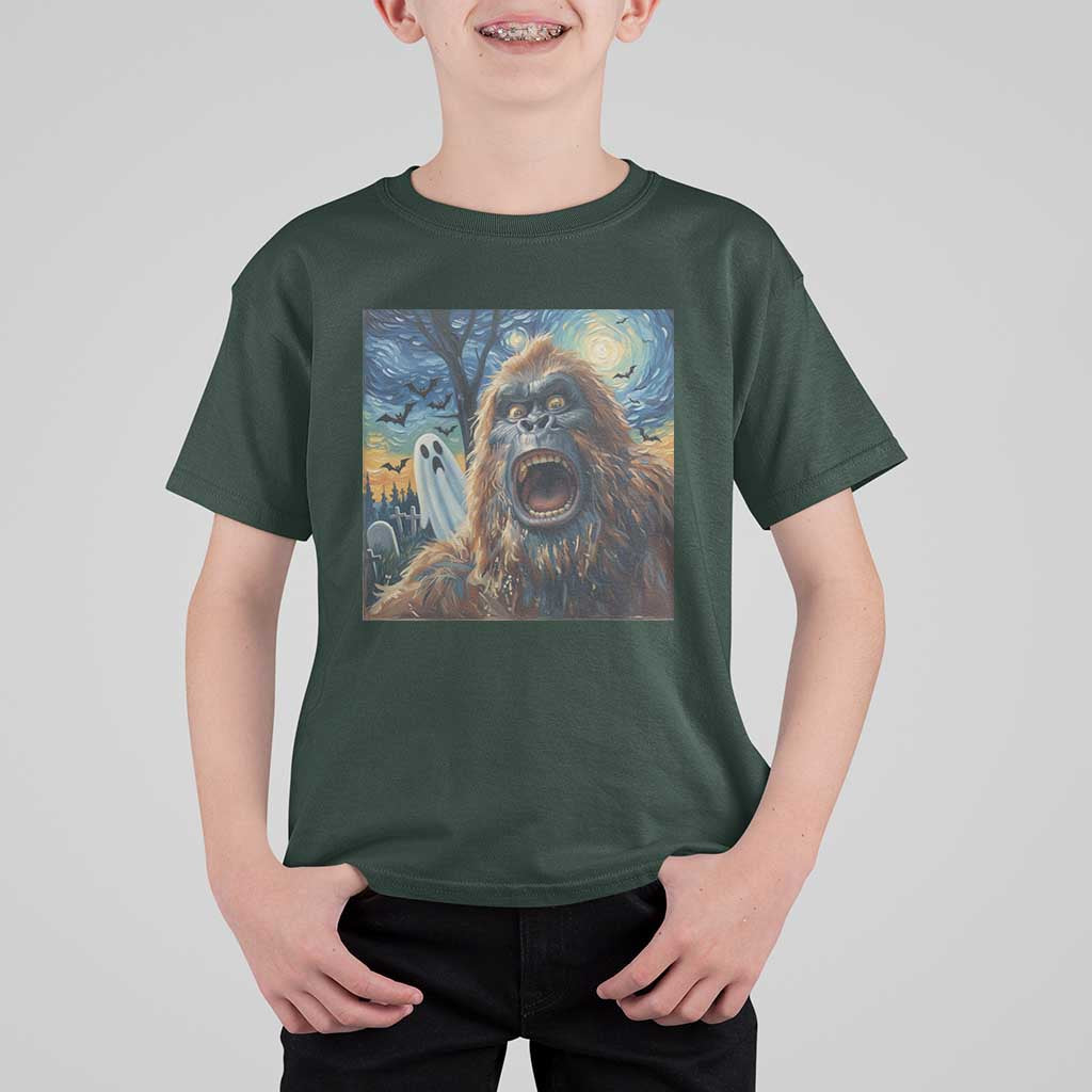Funny Halloween T Shirt For Kid Bigfoot Selfie With Ghost Starry Night Art - Wonder Print Shop