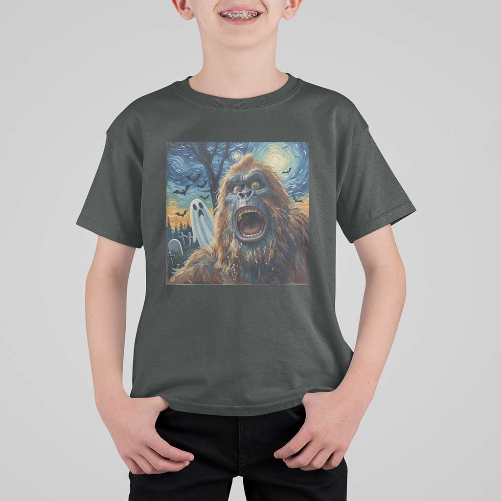Funny Halloween T Shirt For Kid Bigfoot Selfie With Ghost Starry Night Art - Wonder Print Shop