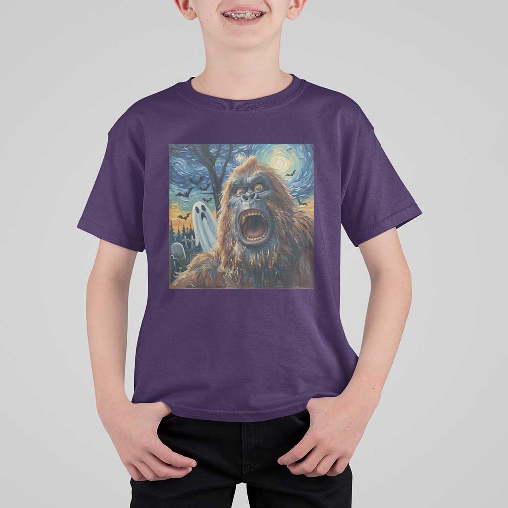 Funny Halloween T Shirt For Kid Bigfoot Selfie With Ghost Starry Night Art - Wonder Print Shop