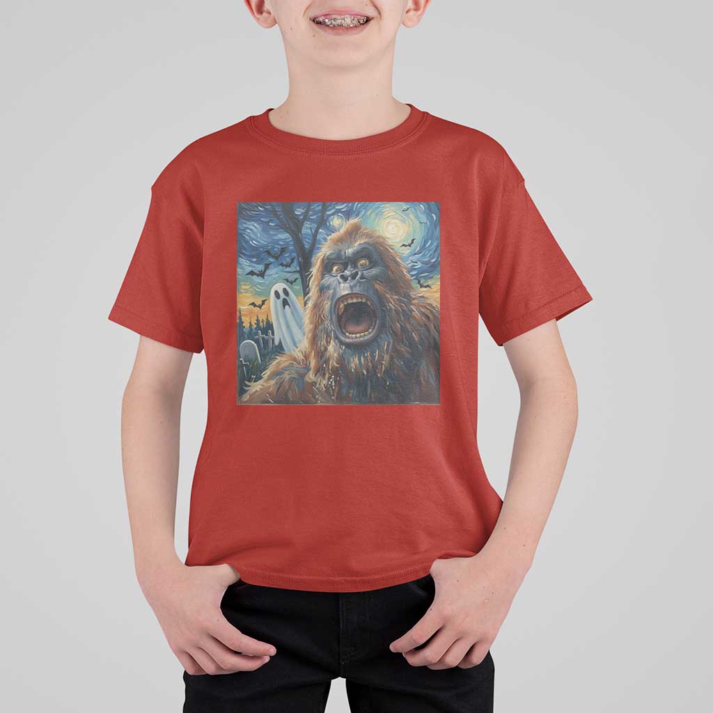 Funny Halloween T Shirt For Kid Bigfoot Selfie With Ghost Starry Night Art - Wonder Print Shop