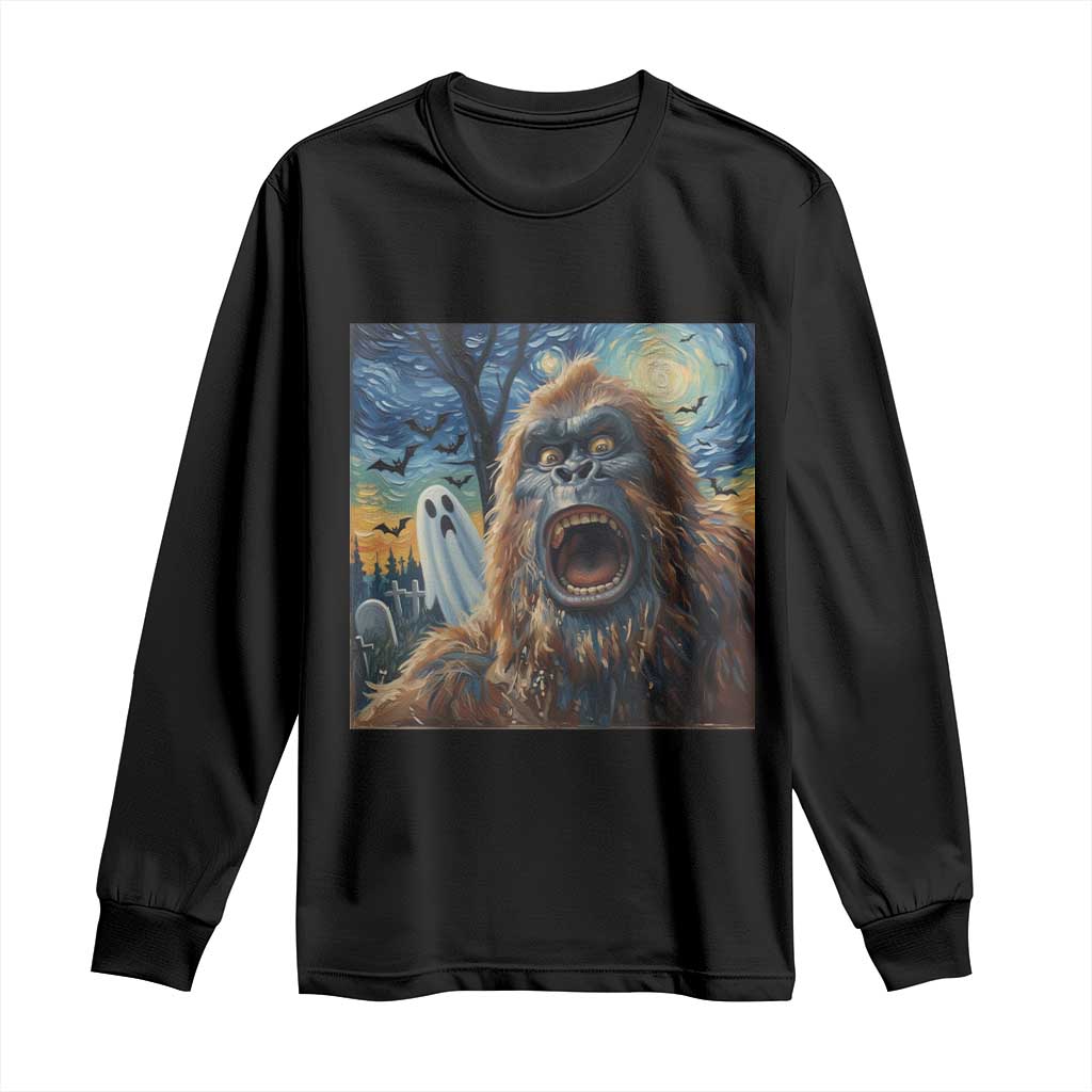 Funny Halloween Long Sleeve Shirt Bigfoot Selfie With Ghost Starry Night Art - Wonder Print Shop