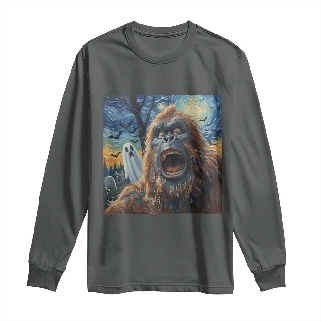 Funny Halloween Long Sleeve Shirt Bigfoot Selfie With Ghost Starry Night Art - Wonder Print Shop