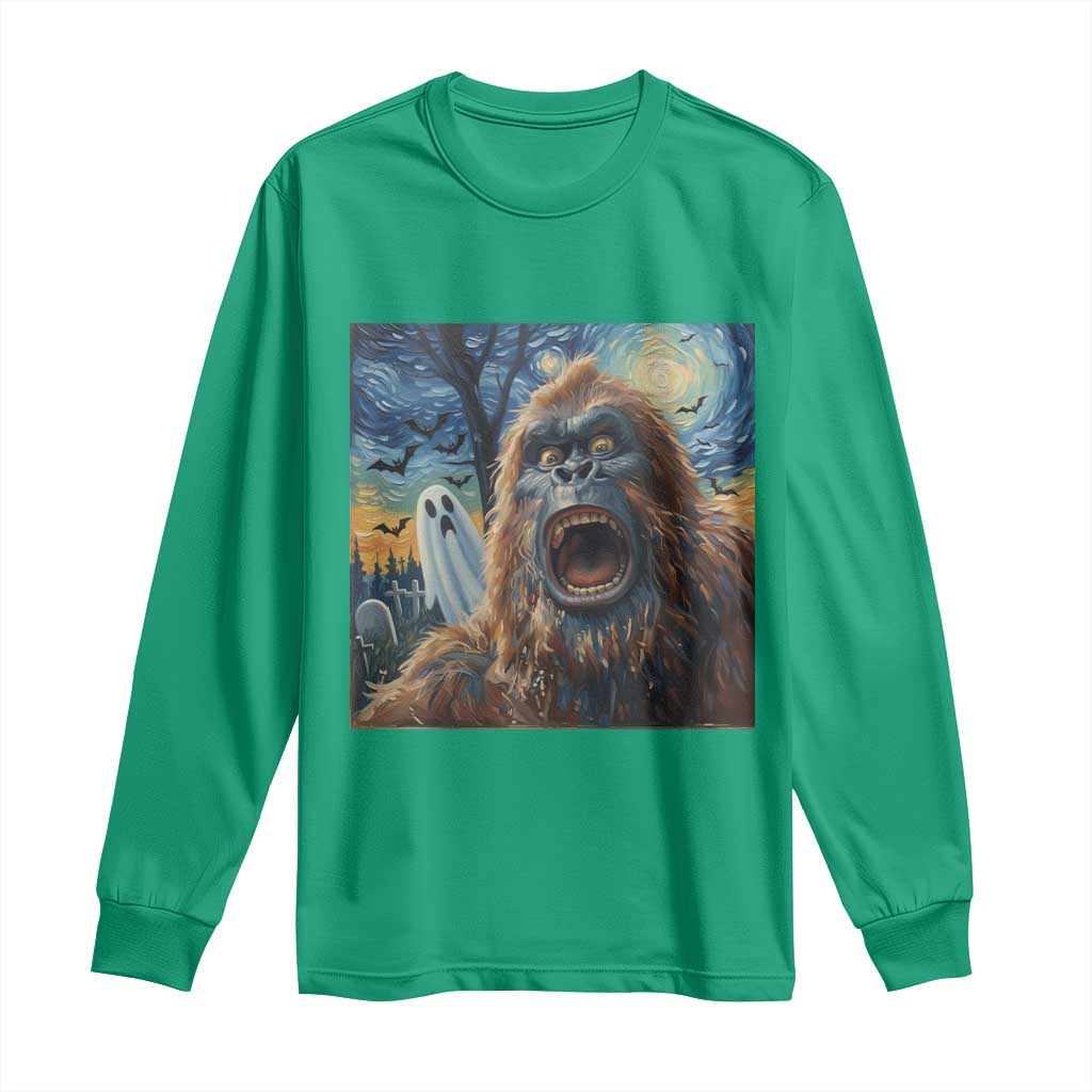 Funny Halloween Long Sleeve Shirt Bigfoot Selfie With Ghost Starry Night Art - Wonder Print Shop