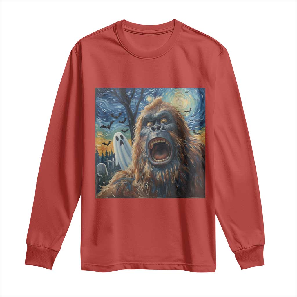 Funny Halloween Long Sleeve Shirt Bigfoot Selfie With Ghost Starry Night Art - Wonder Print Shop