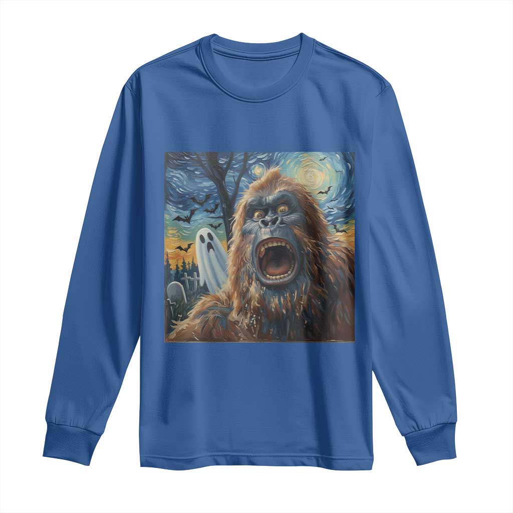 Funny Halloween Long Sleeve Shirt Bigfoot Selfie With Ghost Starry Night Art - Wonder Print Shop