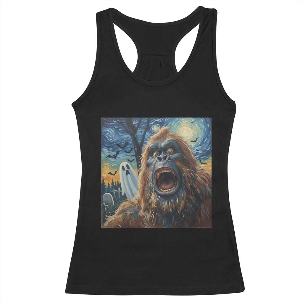 Funny Halloween Racerback Tank Top Bigfoot Selfie With Ghost Starry Night Art - Wonder Print Shop
