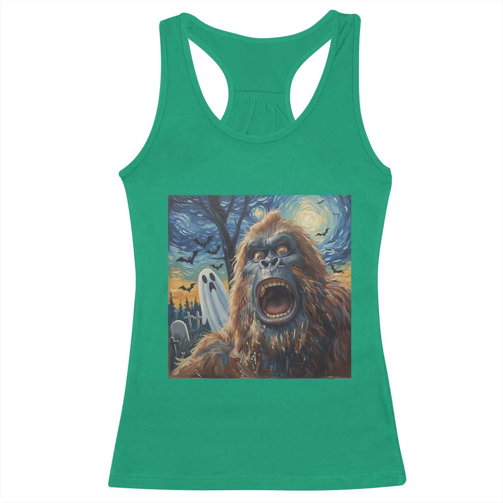 Funny Halloween Racerback Tank Top Bigfoot Selfie With Ghost Starry Night Art - Wonder Print Shop