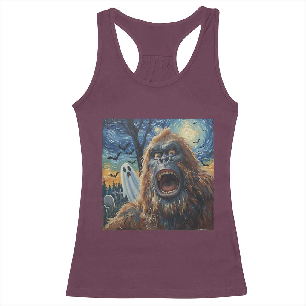 Funny Halloween Racerback Tank Top Bigfoot Selfie With Ghost Starry Night Art - Wonder Print Shop