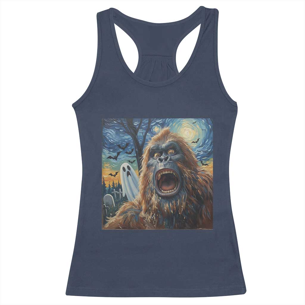 Funny Halloween Racerback Tank Top Bigfoot Selfie With Ghost Starry Night Art - Wonder Print Shop