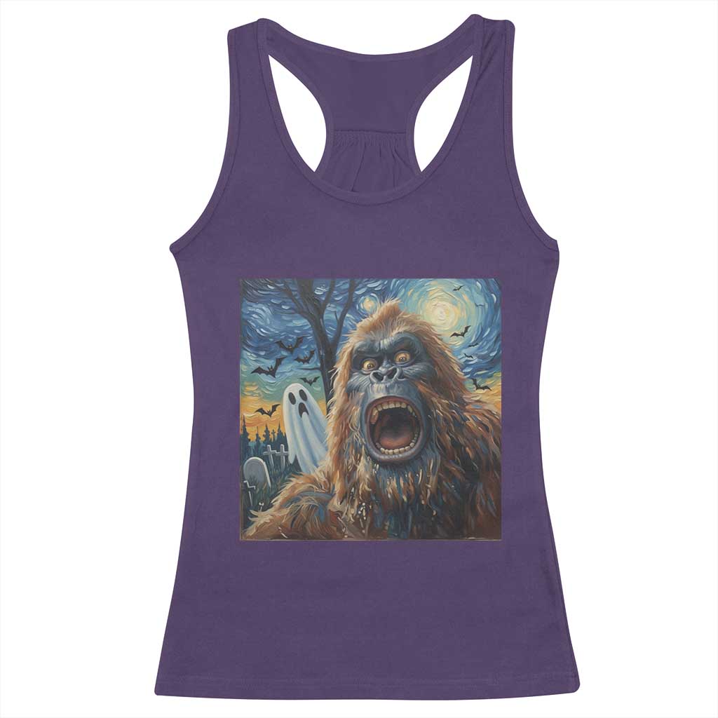 Funny Halloween Racerback Tank Top Bigfoot Selfie With Ghost Starry Night Art - Wonder Print Shop