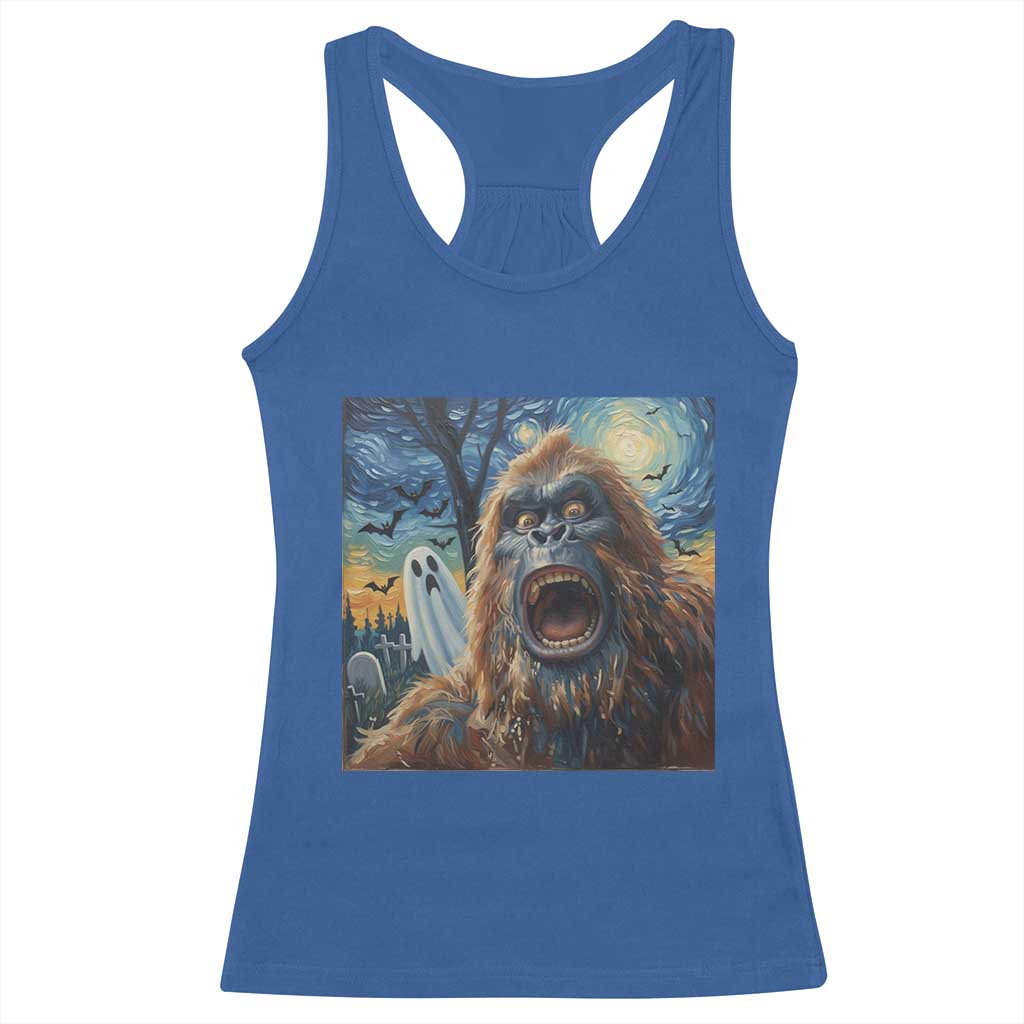 Funny Halloween Racerback Tank Top Bigfoot Selfie With Ghost Starry Night Art - Wonder Print Shop