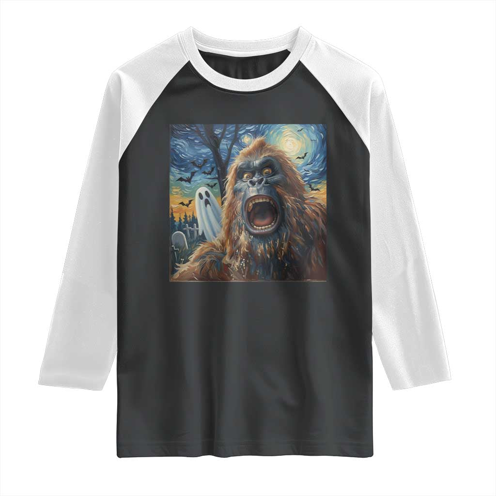 Funny Halloween Raglan Shirt Bigfoot Selfie With Ghost Starry Night Art - Wonder Print Shop