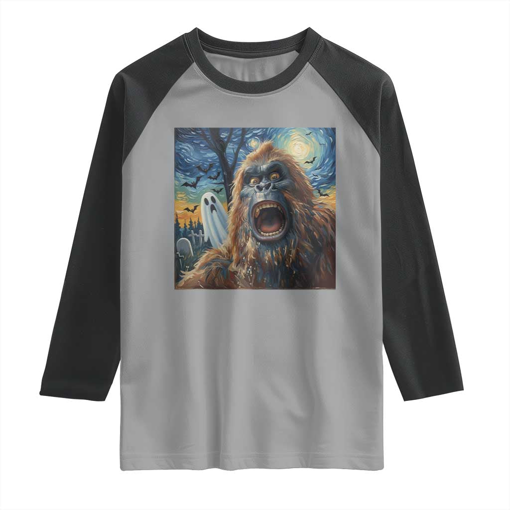 Funny Halloween Raglan Shirt Bigfoot Selfie With Ghost Starry Night Art - Wonder Print Shop