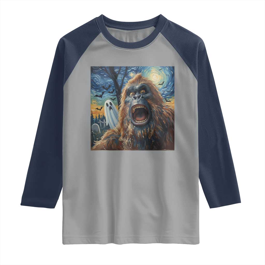 Funny Halloween Raglan Shirt Bigfoot Selfie With Ghost Starry Night Art - Wonder Print Shop