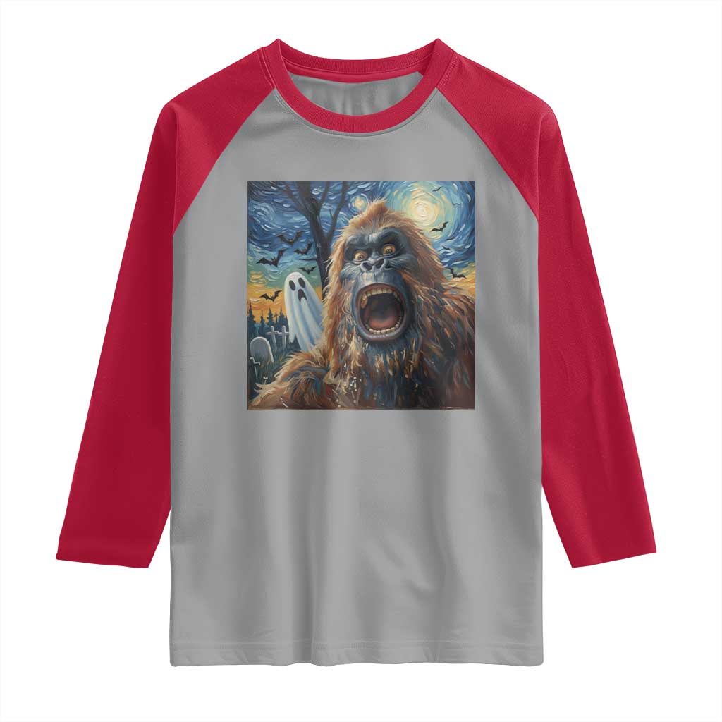 Funny Halloween Raglan Shirt Bigfoot Selfie With Ghost Starry Night Art - Wonder Print Shop