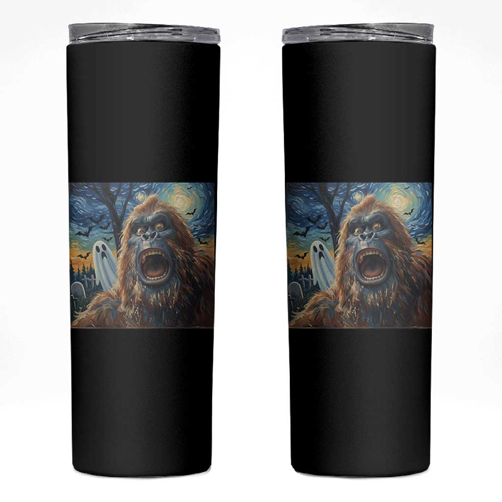 Funny Halloween Skinny Tumbler Bigfoot Selfie With Ghost Starry Night Art