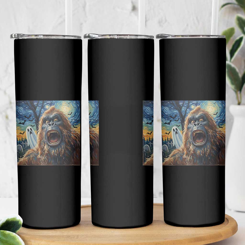 Funny Halloween Skinny Tumbler Bigfoot Selfie With Ghost Starry Night Art