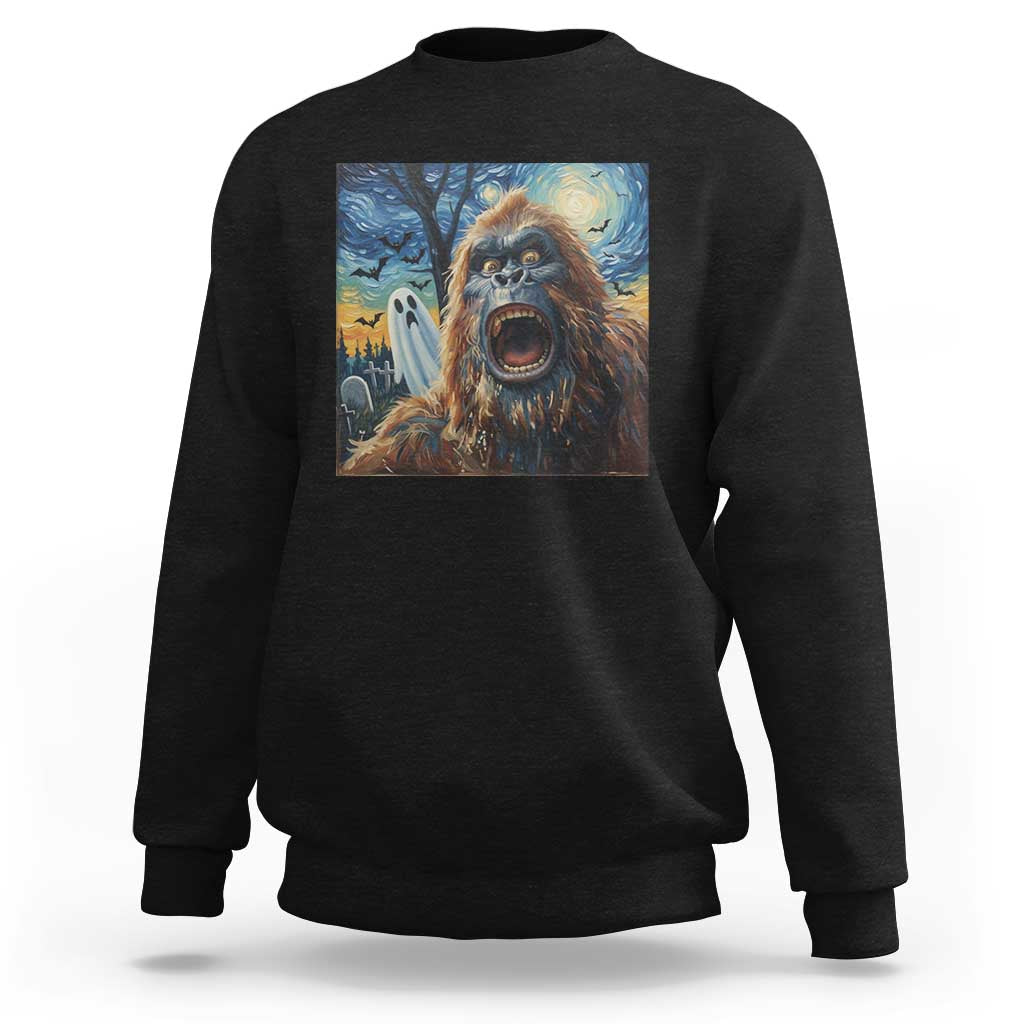 Funny Halloween Sweatshirt Bigfoot Selfie With Ghost Starry Night Art - Wonder Print Shop
