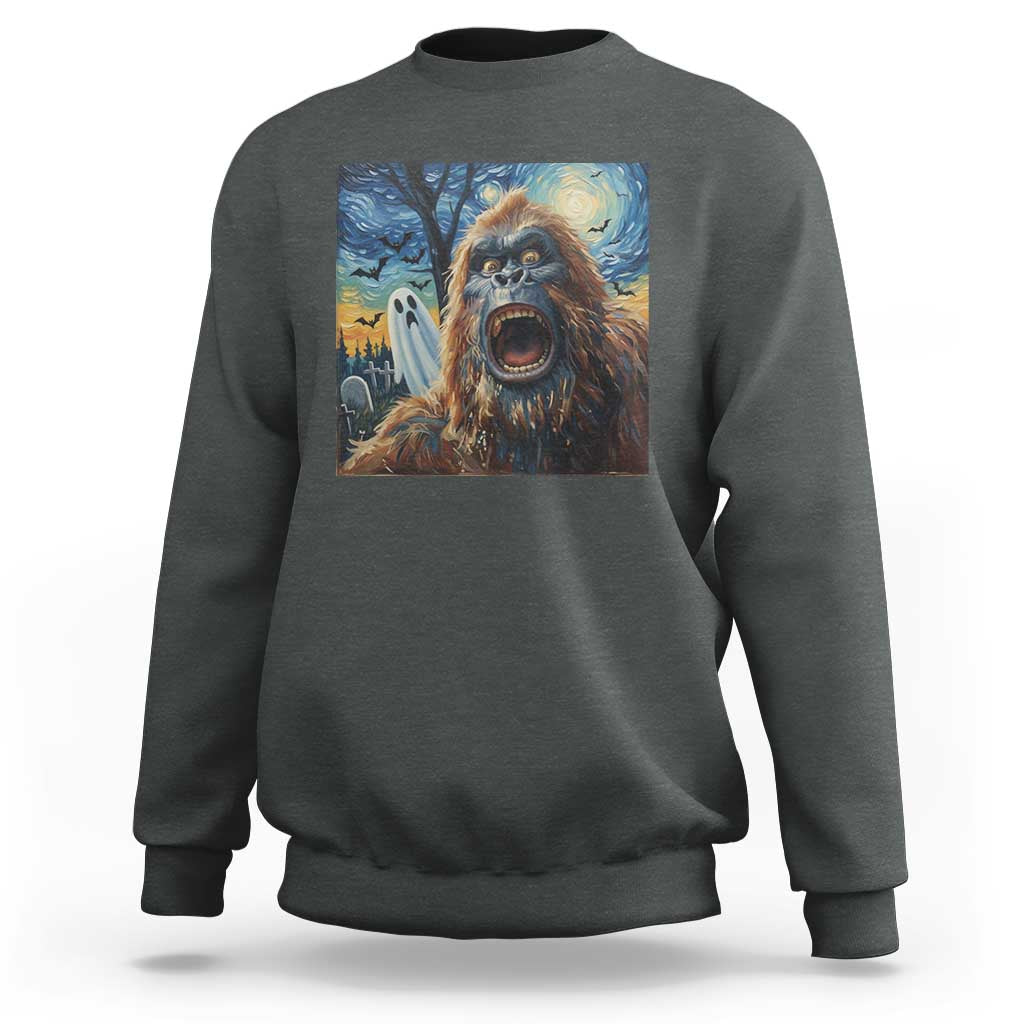 Funny Halloween Sweatshirt Bigfoot Selfie With Ghost Starry Night Art - Wonder Print Shop