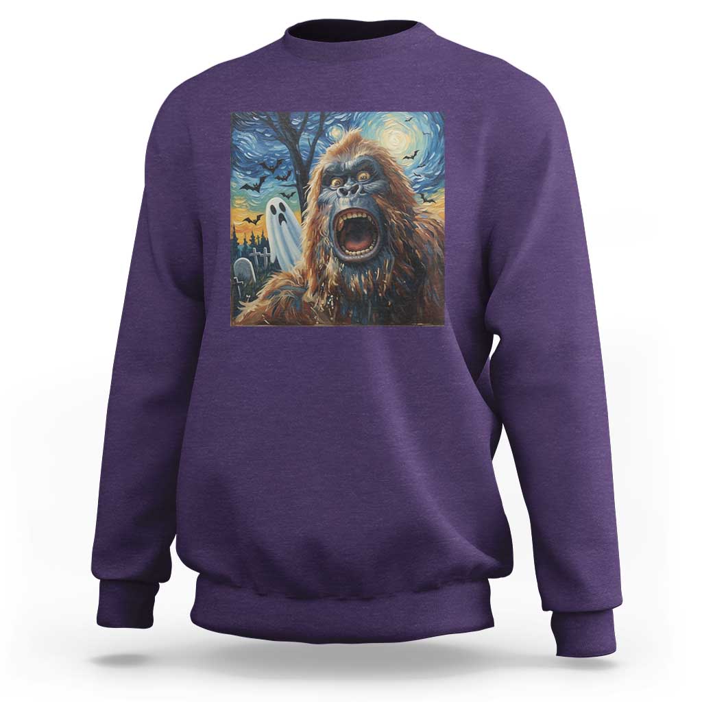 Funny Halloween Sweatshirt Bigfoot Selfie With Ghost Starry Night Art - Wonder Print Shop
